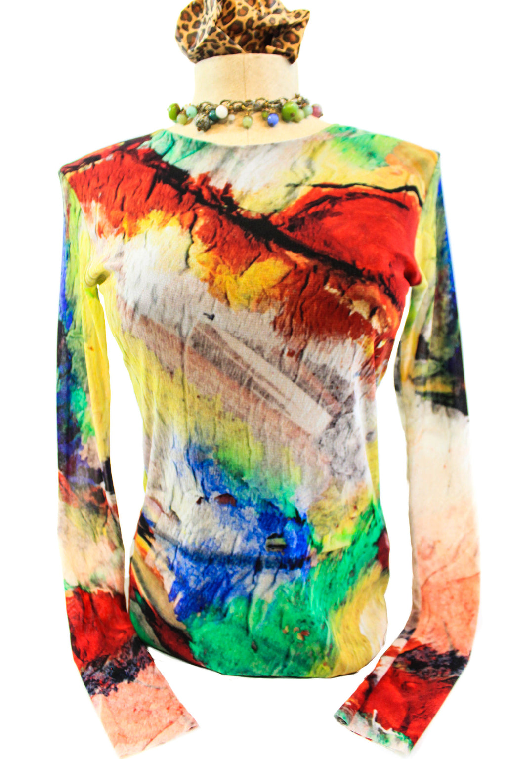 Multi Colored Stretch Shirt with Sheer Sleeves